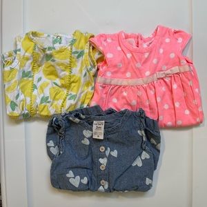 Carters girl 3 month rompers set of 3, Lemons, Pink polka-Dot, Denim white heart